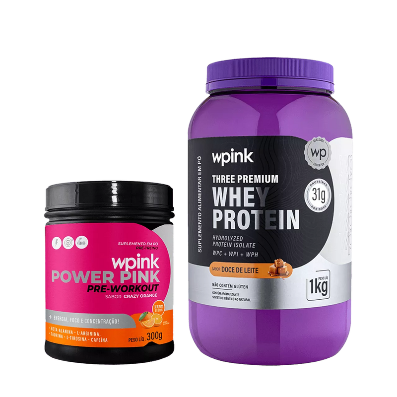 whey protein doce de leite – 1 kg + super power pink de laranja – 300g