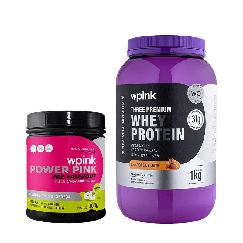 whey protein doce de leite – 1 kg + super power pink de maçã verde – 300g
